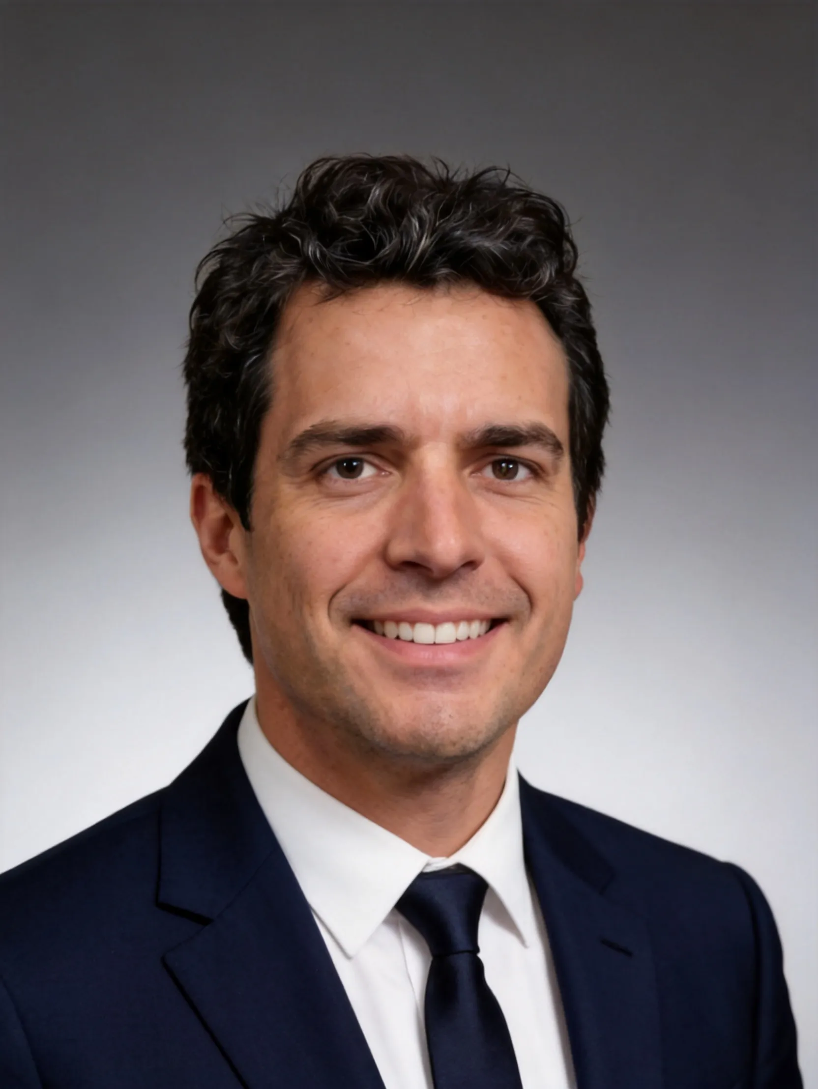 wearing a navy business suit, white shirt and elegant tie. AI Photo