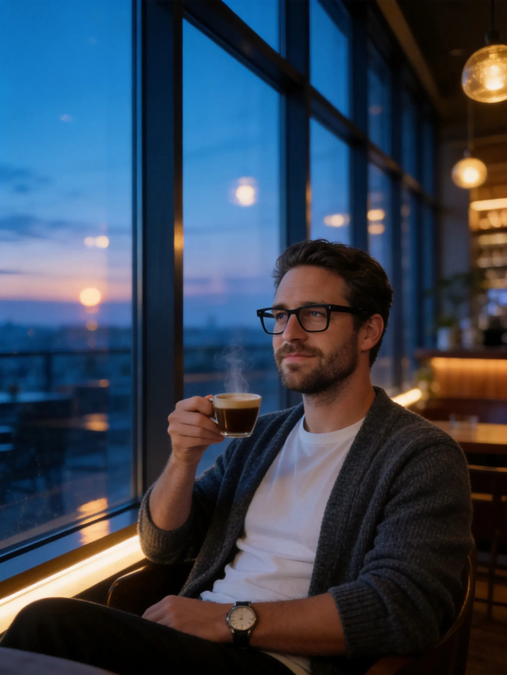 a handsome young man relaxing inside a cozy modern café during blue hour. AI Photo