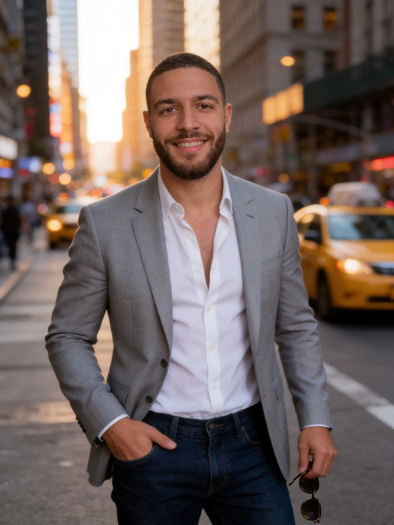 Urban Gray Gentleman · Confident New York Street Hustler | Light Gray Blazer White Shirt Executive  AI Photo