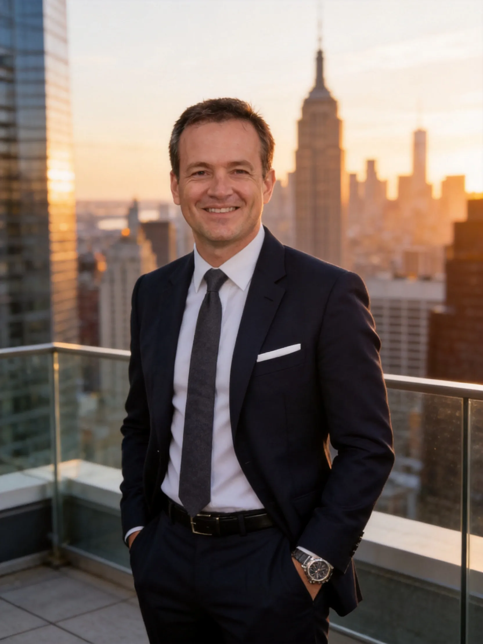Urban Terrace Golden Hour Executive Portrait AI Photo